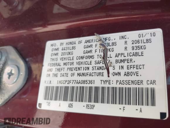 2010 Honda Accord EX with VIN 1HGCP2F77AA085361, listed as a IAAI auction lot 43043093 with Not provided miles and . Bid and sale history available at DreamBid. Image 9.