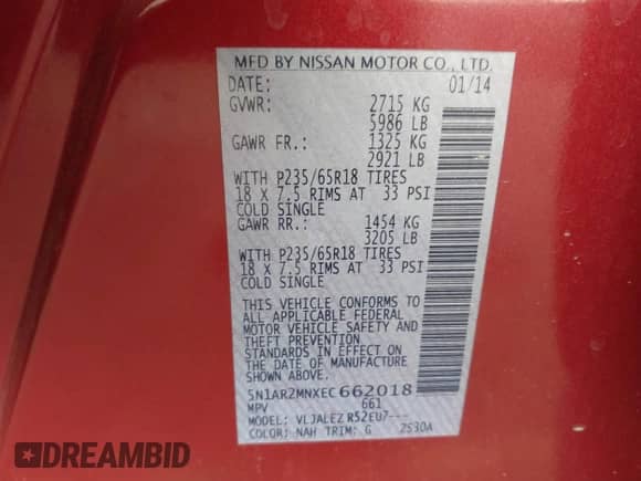 2014 Nissan Pathfinder S with VIN 5N1AR2MNXEC662018, listed as a IAAI auction lot 43418620 with 144,456 mi miles and . Bid and sale history available at DreamBid. Image 9.