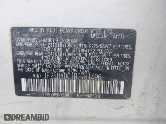 2011 Subaru Forester X Premium z VIN JF2SHADC1BG761496, wystawiony jako IAAI lot #42534776 z przebiegiem 176 885 mil mil oraz . Historia ofert i sprzedaży dostępna na DreamBid. Obrazek 9.