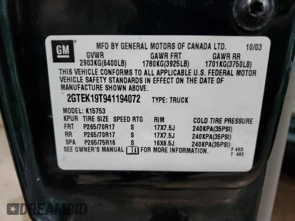 2004 GMC Sierra 1500 SLT z VIN 2GTEK19T941194072, wystawiony jako Copart lot #70002765 z przebiegiem 165 447 mil mil oraz Szkoda całkowita • Salvage title. Historia ofert i sprzedaży dostępna na DreamBid. Obrazek 12.