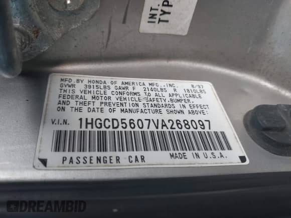 1997 Honda Accord Special Edition with VIN 1HGCD5607VA268097, listed as a IAAI auction lot 43283281 with 259,279 mi miles and . Bid and sale history available at DreamBid. Image 9.