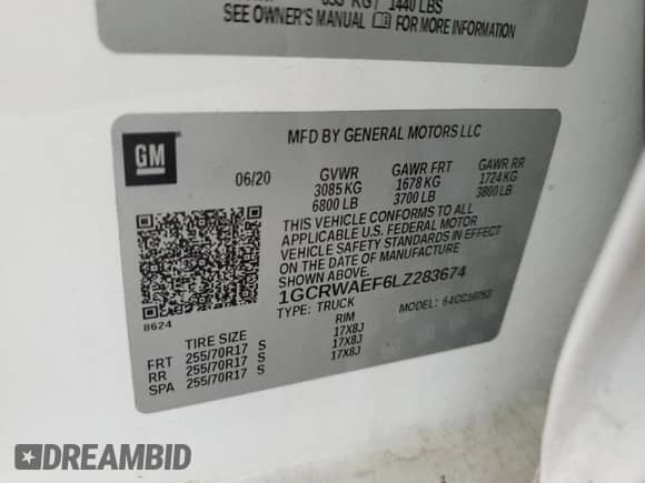 2020 Chevrolet Silverado 1500 Work Truck with VIN 1GCRWAEF6LZ283674, listed as a Copart auction lot 69839015 with 120,978 mi miles and Salvage title. Bid and sale history available at DreamBid. Image 12.