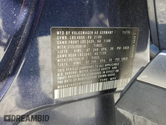 2016 Volkswagen Tiguan S с VIN WVGAV7AX0GW563918, выставлен на аукционе Copart как лот 84593075 с пробегом 58 265 миль миль и Списание • Salvage title. История ставок и продаж доступна на DreamBid. Изображение 14.