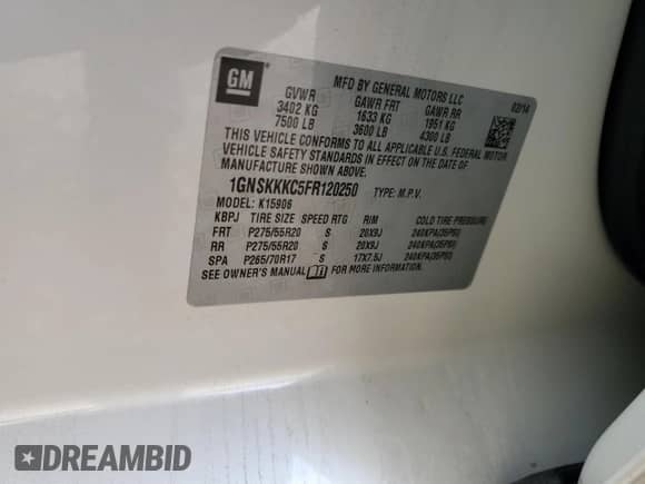 2015 Chevrolet Suburban LTZ with VIN 1GNSKKKC5FR120250, listed as a Copart auction lot 68041275 with Not provided miles and Non repairable. Bid and sale history available at DreamBid. Image 13.