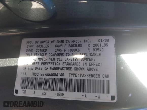 2008 Honda Accord EX с VIN 1HGCP26758A084140, выставлен на аукционе IAAI как лот 43252788 с пробегом 248 480 миль миль и . История ставок и продаж доступна на DreamBid. Изображение 9.