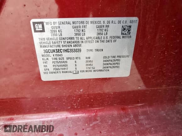 2017 Chevrolet Silverado 1500 LTZ with VIN 3GCUKSEC1HG353039, listed as a Copart auction lot 64611015 with 123,210 mi miles and Salvage title. Bid and sale history available at DreamBid. Image 12.