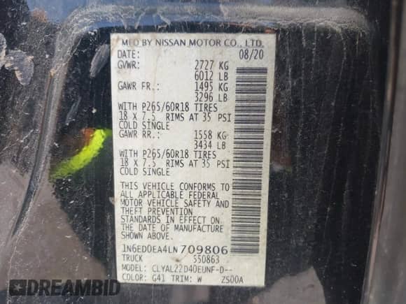 2020 Nissan Frontier SV z VIN 1N6ED0EA4LN709806, wystawiony jako IAAI lot #41925400 z przebiegiem Nie podano mil oraz . Historia ofert i sprzedaży dostępna na DreamBid. Obrazek 9.