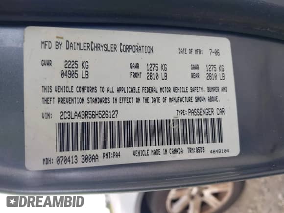 2006 Chrysler 300 with VIN 2C3LA43R56H526127, listed as a IAAI auction lot 42656383 with 148,917 mi miles and . Bid and sale history available at DreamBid. Image 9.