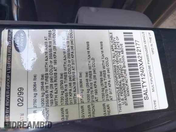 1999 Land Rover Discovery with VIN SALTY1240XA212177, listed as a IAAI auction lot 42595277 with 134,026 mi miles and . Bid and sale history available at DreamBid. Image 9.