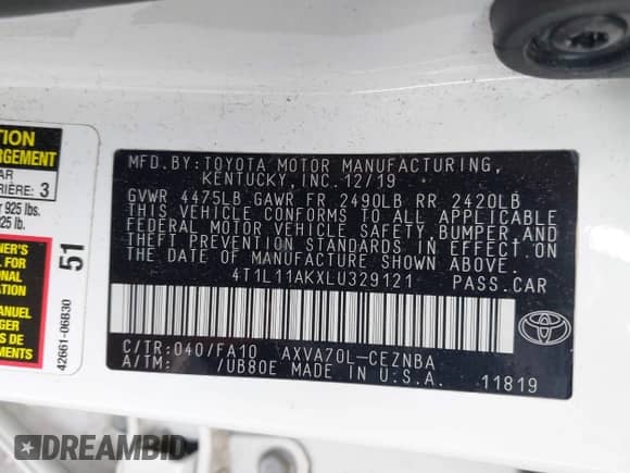 2020 Toyota Camry LE with VIN 4T1L11AKXLU329121, listed as a IAAI auction lot 43233720 with 46,485 mi miles and . Bid and sale history available at DreamBid. Image 9.