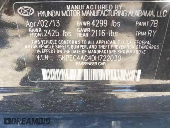 2013 Hyundai Sonata Limited with VIN 5NPEC4AC4DH722030, listed as a IAAI auction lot 41828152 with 162,524 mi miles and . Bid and sale history available at DreamBid. Image 9.