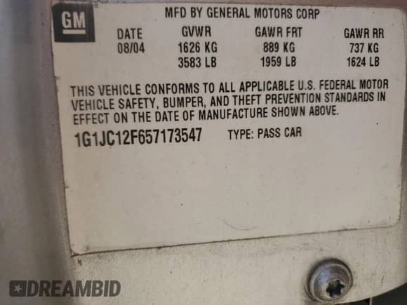 2005 Chevrolet Cavalier с VIN 1G1JC12F657173547, выставлен на аукционе Copart как лот 56559575 с пробегом 160 550 миль миль и Списание • Salvage title. История ставок и продаж доступна на DreamBid. Изображение 13.