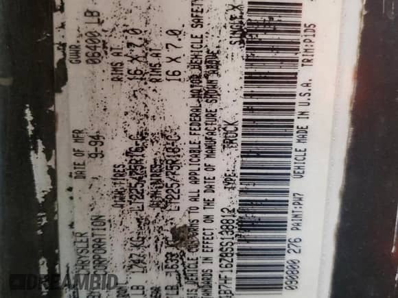 1995 Dodge 1500 с VIN 1B7HF16Z8SS138812, выставлен на аукционе Copart как лот 47207595 с пробегом 185 094 миль миль и Списание • Salvage title. История ставок и продаж доступна на DreamBid. Изображение 12.