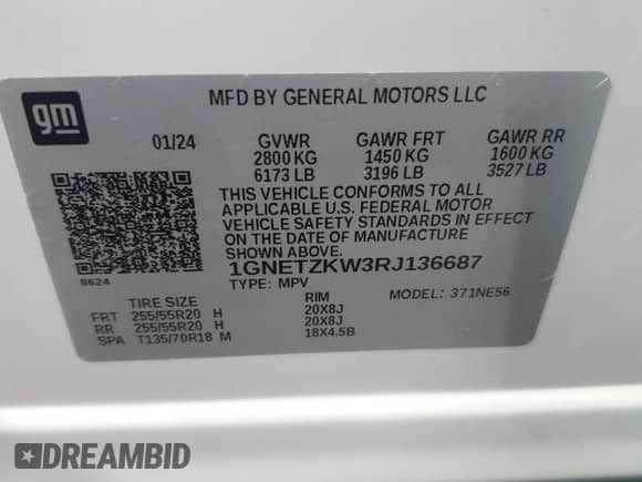 2024 Chevrolet Traverse with VIN 1GNETZKW3RJ136687, listed as a Copart auction lot 66215054 with 3,830 mi miles and Salvage title. Bid and sale history available at DreamBid. Image 13.