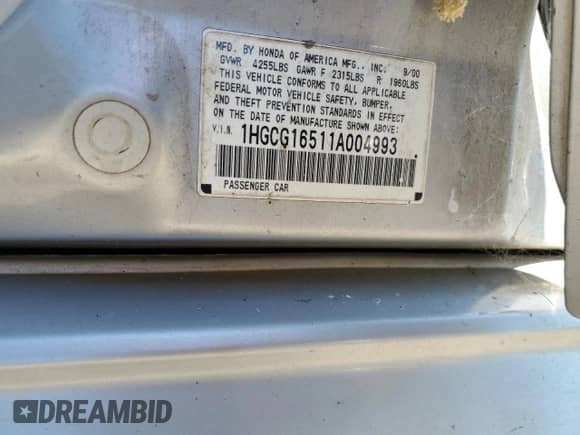 2001 Honda Accord EX with VIN 1HGCG16511A004993, listed as a Copart auction lot 69480595 with 227,702 mi miles and Salvage title. Bid and sale history available at DreamBid. Image 13.