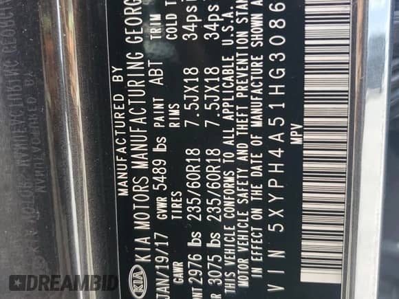 2017 Kia Sorento EX with VIN 5XYPH4A51HG308678, listed as a Copart auction lot 66160075 with 98,550 mi miles and Salvage title. Bid and sale history available at DreamBid. Image 13.