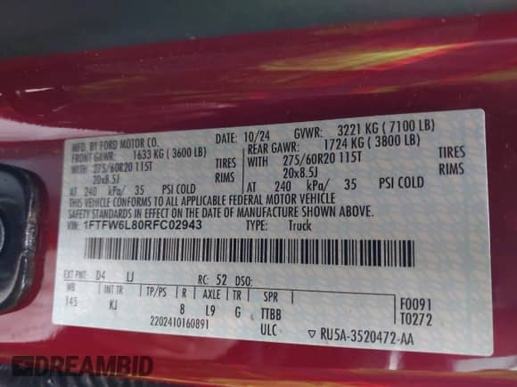 2024 Ford F-150 King Ranch с VIN 1FTFW6L80RFC02943, выставлен на аукционе IAAI как лот 41933804 с пробегом 10 252 миль миль и . История ставок и продаж доступна на DreamBid. Изображение 9.