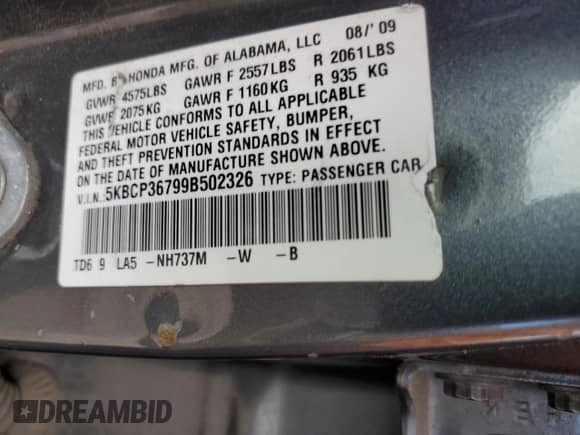 2009 Honda Accord с VIN 5KBCP36799B502326, выставлен на аукционе Copart как лот 65404315 с пробегом 218 226 миль миль и Списание • Salvage title. История ставок и продаж доступна на DreamBid. Изображение 13.