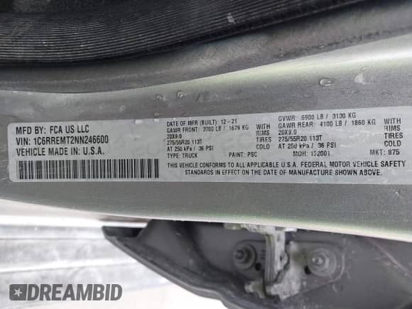2022 Ram 1500 Big Horn z VIN 1C6RREMT2NN246600, wystawiony jako IAAI lot #42345982 z przebiegiem 21 198 mil mil oraz . Historia ofert i sprzedaży dostępna na DreamBid. Obrazek 9.