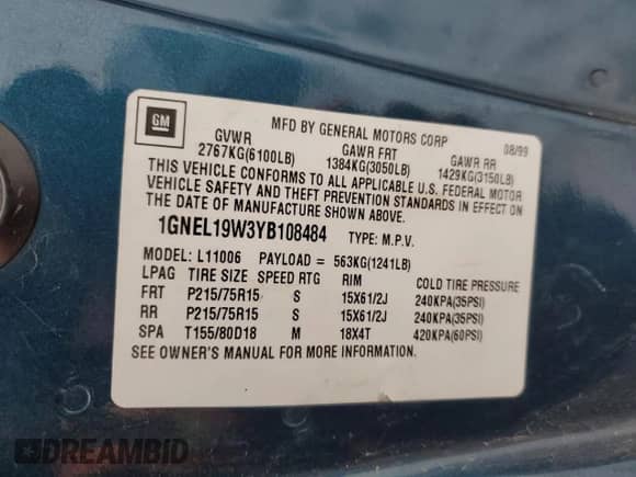 2000 Chevrolet Astro с VIN 1GNEL19W3YB108484, выставлен на аукционе Copart как лот 43758545 с пробегом 188 476 миль миль и На запчасти • Non repairable. История ставок и продаж доступна на DreamBid. Изображение 15.
