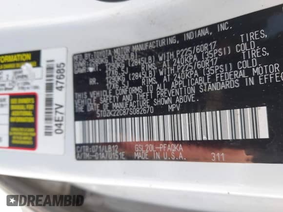 2007 Toyota Sienna XLE z VIN 5TDZK22C87S082670, wystawiony jako IAAI lot #42340249 z przebiegiem 227 064 mil mil oraz . Historia ofert i sprzedaży dostępna na DreamBid. Obrazek 9.