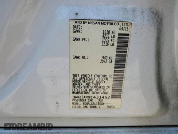 2015 Nissan Altima S z VIN 1N4AL3APXFC431452, wystawiony jako Copart lot #84224915 z przebiegiem 188 414 mil mil oraz Szkoda całkowita • Salvage title. Historia ofert i sprzedaży dostępna na DreamBid. Obrazek 13.