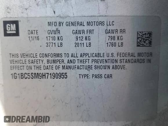 2017 Chevrolet Cruze LS with VIN 1G1BC5SM9H7190955, listed as a Copart auction lot 84171465 with 169,793 mi miles and Salvage title. Bid and sale history available at DreamBid. Image 12.