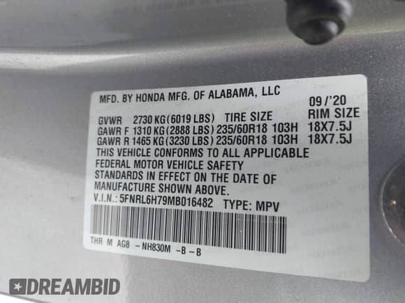 2021 Honda Odyssey EX-L с VIN 5FNRL6H79MB016482, выставлен на аукционе IAAI как лот 42752139 с пробегом 56 162 миль миль и . История ставок и продаж доступна на DreamBid. Изображение 9.