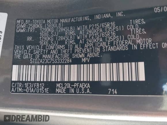 2005 Toyota Sienna CE z VIN 5TDZA23C75S332284, wystawiony jako IAAI lot #43548322 z przebiegiem 271 228 mil mil oraz . Historia ofert i sprzedaży dostępna na DreamBid. Obrazek 9.