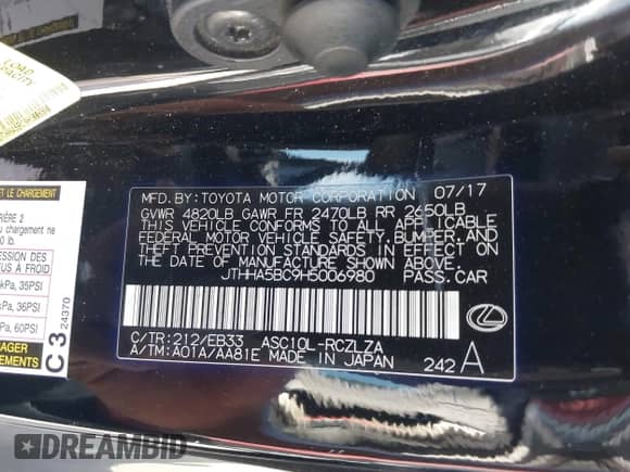 2017 Lexus RC 200t с VIN JTHHA5BC9H5006980, выставлен на аукционе IAAI как лот 39800517 с пробегом 112 939 миль миль и . История ставок и продаж доступна на DreamBid. Изображение 9.