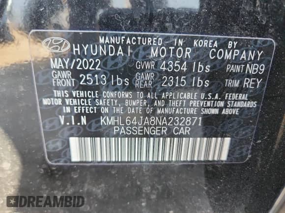 2022 Hyundai Sonata SEL with VIN KMHL64JA8NA232871, listed as a Copart auction lot 70746705 with 23,663 mi miles and Salvage title. Bid and sale history available at DreamBid. Image 12.