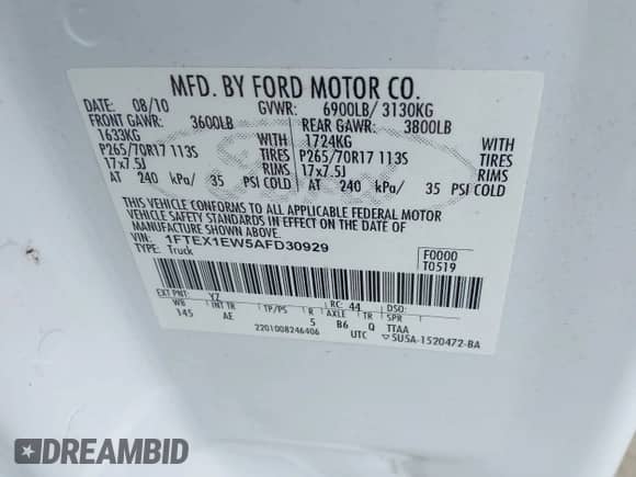 2010 Ford F-150 XL z VIN 1FTEX1EW5AFD30929, wystawiony jako IAAI lot #42568100 z przebiegiem 183 708 mil mil oraz . Historia ofert i sprzedaży dostępna na DreamBid. Obrazek 9.