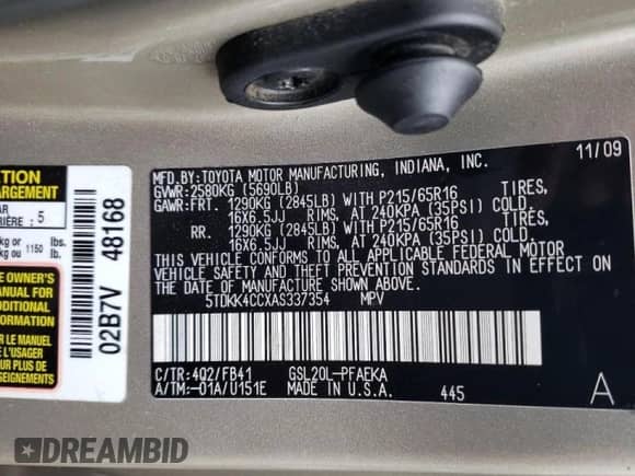 2010 Toyota Sienna CE z VIN 5TDKK4CCXAS337354, wystawiony jako Copart lot #80162185 z przebiegiem 352 738 mil mil oraz Szkoda całkowita • Salvage title. Historia ofert i sprzedaży dostępna na DreamBid. Obrazek 13.