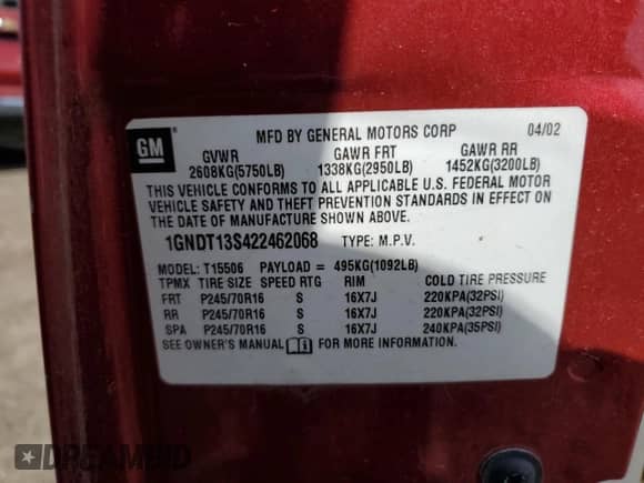 2002 Chevrolet TrailBlazer LS with VIN 1GNDT13S422462068, listed as a Copart auction lot 46504315 with 234,984 mi miles and Salvage title. Bid and sale history available at DreamBid. Image 13.