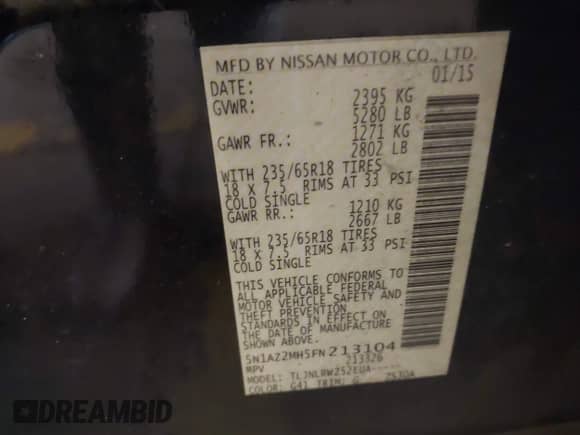 2015 Nissan Murano SL with VIN 5N1AZ2MH5FN213104, listed as a IAAI auction lot 42568737 with 124,119 mi miles and . Bid and sale history available at DreamBid. Image 9.