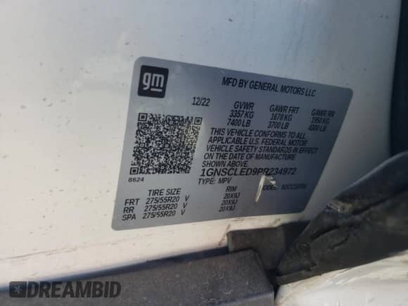 2023 Chevrolet Tahoe Commercial with VIN 1GNSCLED9PR234972, listed as a Copart auction lot 55339995 with Not provided miles and Salvage title. Bid and sale history available at DreamBid. Image 13.