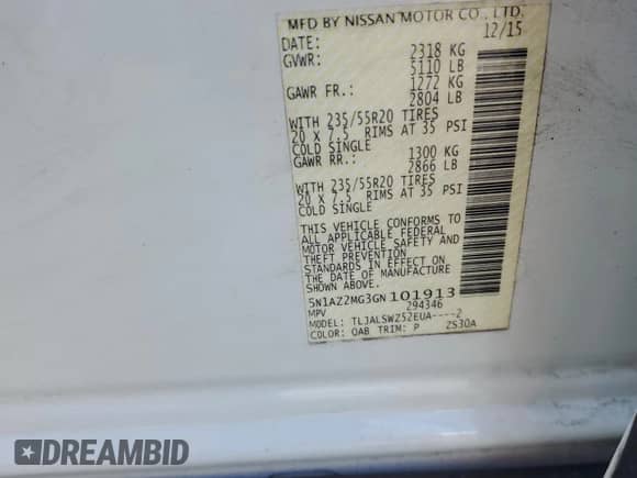 2016 Nissan Murano SL with VIN 5N1AZ2MG3GN101913, listed as a Copart auction lot 61075505 with 98,412 mi miles and Salvage title. Bid and sale history available at DreamBid. Image 13.