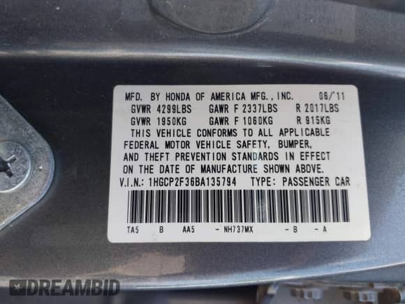 2011 Honda Accord LX z VIN 1HGCP2F36BA135794, wystawiony jako IAAI lot #42868559 z przebiegiem 270 592 mil mil oraz . Historia ofert i sprzedaży dostępna na DreamBid. Obrazek 9.