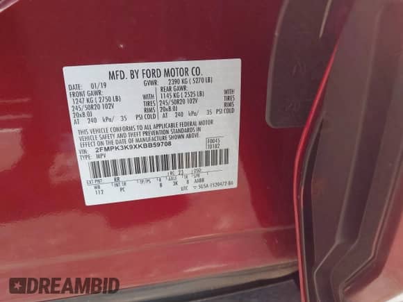 2019 Ford Edge Titanium with VIN 2FMPK3K9XKBB59708, listed as a IAAI auction lot 43415847 with 63,358 mi miles and . Bid and sale history available at DreamBid. Image 9.