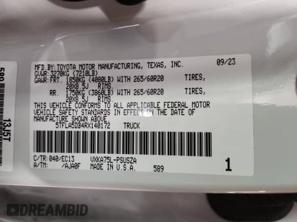 2024 Toyota Tundra SR5 with VIN 5TFLA5DB4RX140172, listed as a Copart auction lot 81808835 with Not provided miles and Salvage title. Bid and sale history available at DreamBid. Image 13.