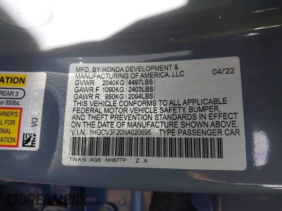 2022 Honda Accord Sport с VIN 1HGCV3F20NA020695, выставлен на аукционе IAAI как лот 43155058 с пробегом 56 647 миль миль и . История ставок и продаж доступна на DreamBid. Изображение 8.