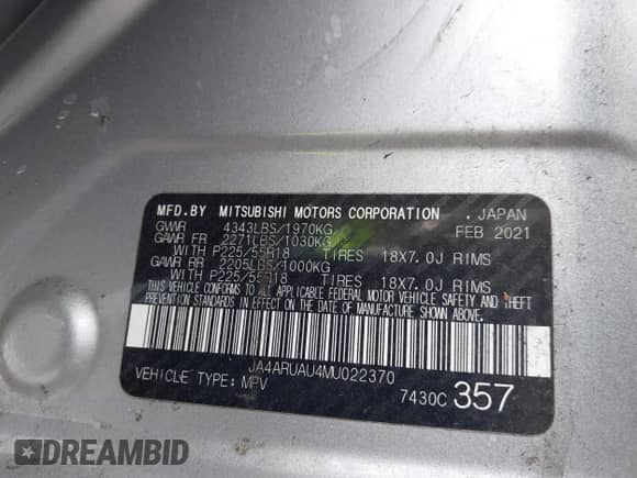 2021 Mitsubishi Outlander ES z VIN JA4ARUAU4MU022370, wystawiony jako IAAI lot #43128868 z przebiegiem 154 821 mil mil oraz . Historia ofert i sprzedaży dostępna na DreamBid. Obrazek 9.