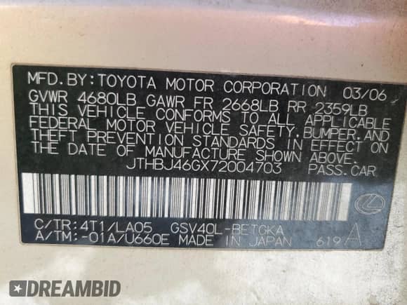 2007 Lexus ES 330 with VIN JTHBJ46GX72004703, listed as a Copart auction lot 86507685 with 167,805 mi miles and Clean title. Bid and sale history available at DreamBid. Image 12.