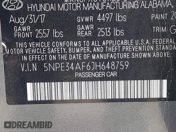 2018 Hyundai Sonata SEL with VIN 5NPE34AF6JH648759, listed as a IAAI auction lot 42333594 with 47,466 mi miles and . Bid and sale history available at DreamBid. Image 9.