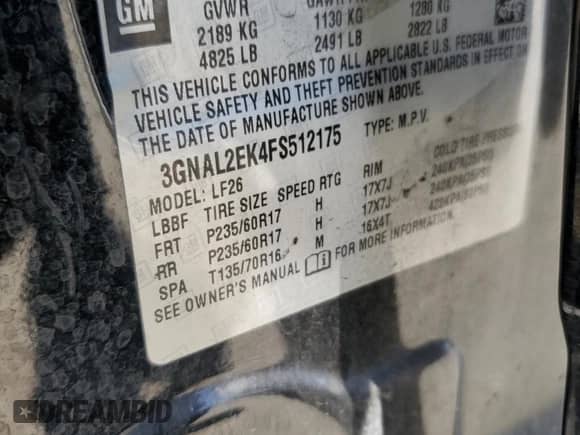 2015 Chevrolet Captiva Sport LS с VIN 3GNAL2EK4FS512175, выставлен на аукционе Copart как лот 75861624 с пробегом 98 875 миль миль и Чистый • Clean title. История ставок и продаж доступна на DreamBid. Изображение 13.