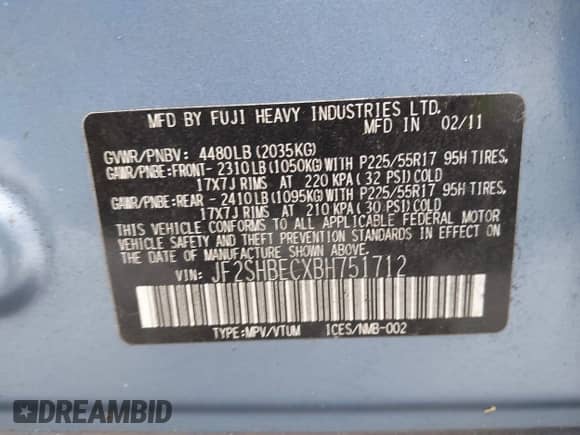 2011 Subaru Forester X Limited with VIN JF2SHBECXBH751712, listed as a IAAI auction lot 43050872 with 160,085 mi miles and . Bid and sale history available at DreamBid. Image 9.