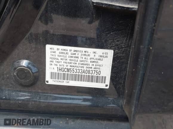 2003 Honda Accord LX with VIN 1HGCM55333A083750, listed as a IAAI auction lot 42735689 with Not provided miles and . Bid and sale history available at DreamBid. Image 9.