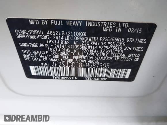 2015 Subaru Forester XT Premium with VIN JF2SJGDC8FH587305, listed as a IAAI auction lot 42397546 with 61,323 mi miles and . Bid and sale history available at DreamBid. Image 9.