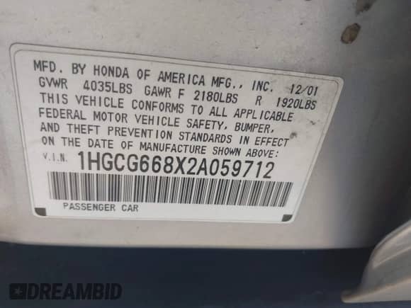 2002 Honda Accord SE z VIN 1HGCG668X2A059712, wystawiony jako IAAI lot #42904135 z przebiegiem Nie podano mil oraz . Historia ofert i sprzedaży dostępna na DreamBid. Obrazek 9.
