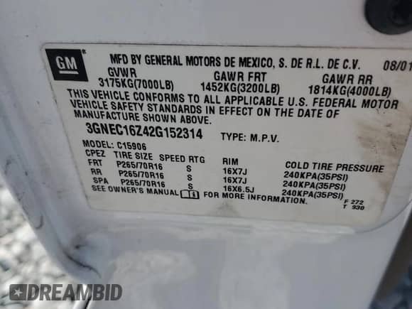 2002 Chevrolet Suburban LT с VIN 3GNEC16Z42G152314, выставлен на аукционе Copart как лот 71688835 с пробегом Не указан миль и Списание • Salvage title. История ставок и продаж доступна на DreamBid. Изображение 14.